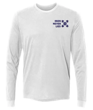 Iron Never Lies. Mens Sueded Long Sleeve Crew. Navy on White