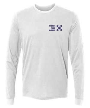 Strength Takes Sacrifice. Mens Sueded Long Sleeve Crew. Navy on White