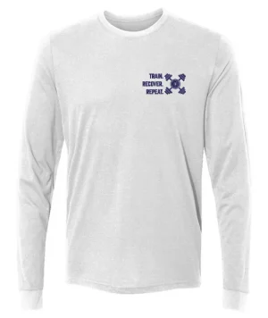 Train Recover Repeat. Mens Sueded Long Sleeve Crew. Navy on White
